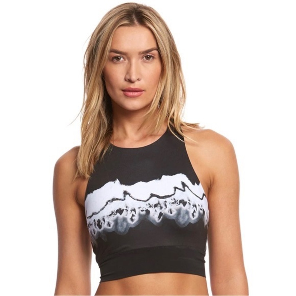 Alo yoga black & white marble print mesh band high neck  vers yoga sports bra